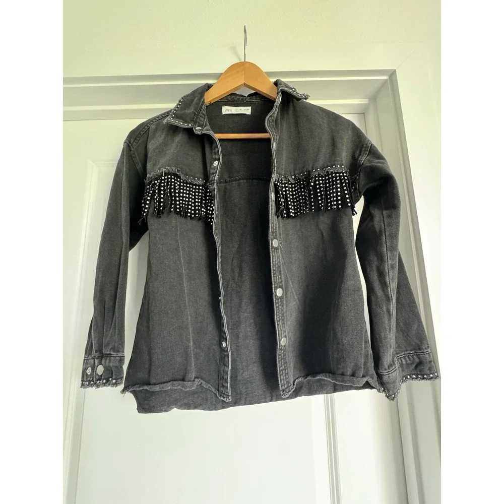Zara Girl's Black Denim Studded Fringed Shirt Jacket Black Size 10 Snap